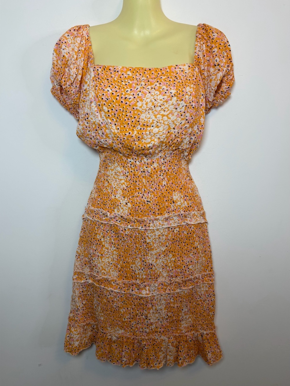 Sim & Sam Floral Square-Neck Orange Smock Mini Dress